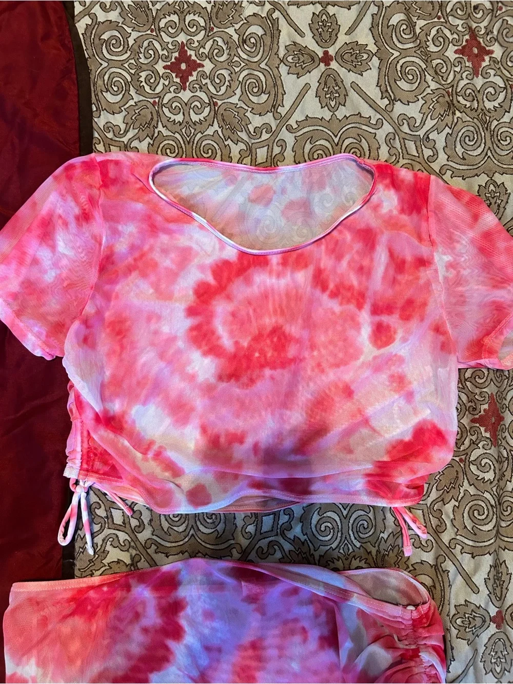 Women Tie-Dye Pink Two-Piece Crop Top & Skirt Set Large